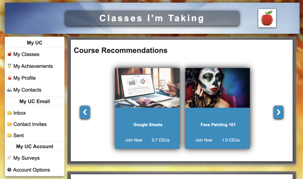 The user landing page for Universal Class. It features user menu options on the left-hand side of the screen and course recommendations in the center