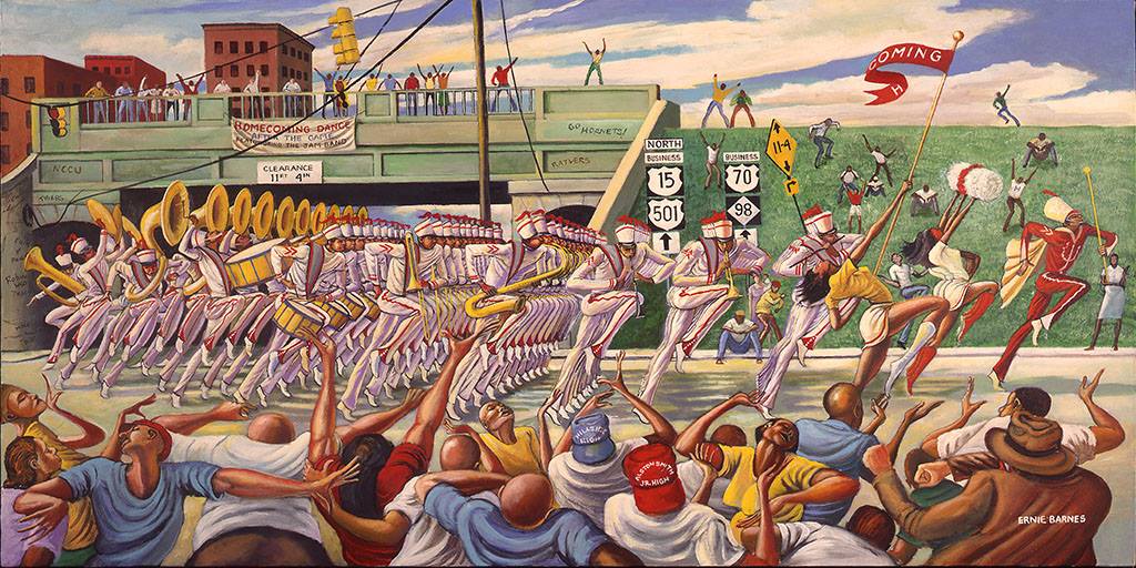 Homecoming by Ernie Barnes, a painting of NCCU's band marching at the intersection at Roxboro Road & Pettigrew Streets in Durham