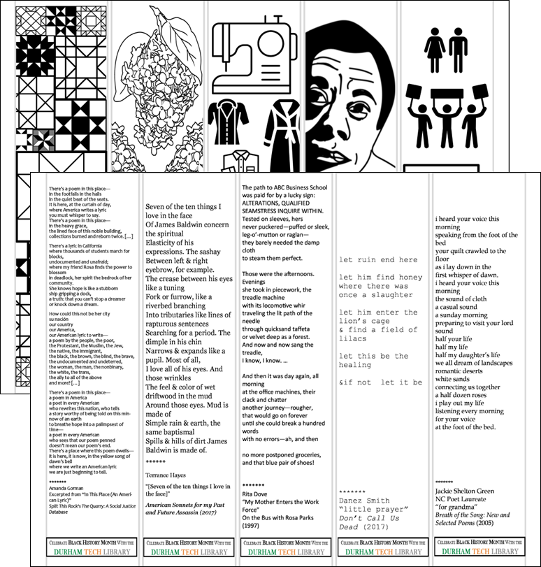 coloring bookmarks for Black History Month featuring Amanda Gorman, Terrance Hayes, Rita Dove, Danez Smith, and Jackie Shelton Green