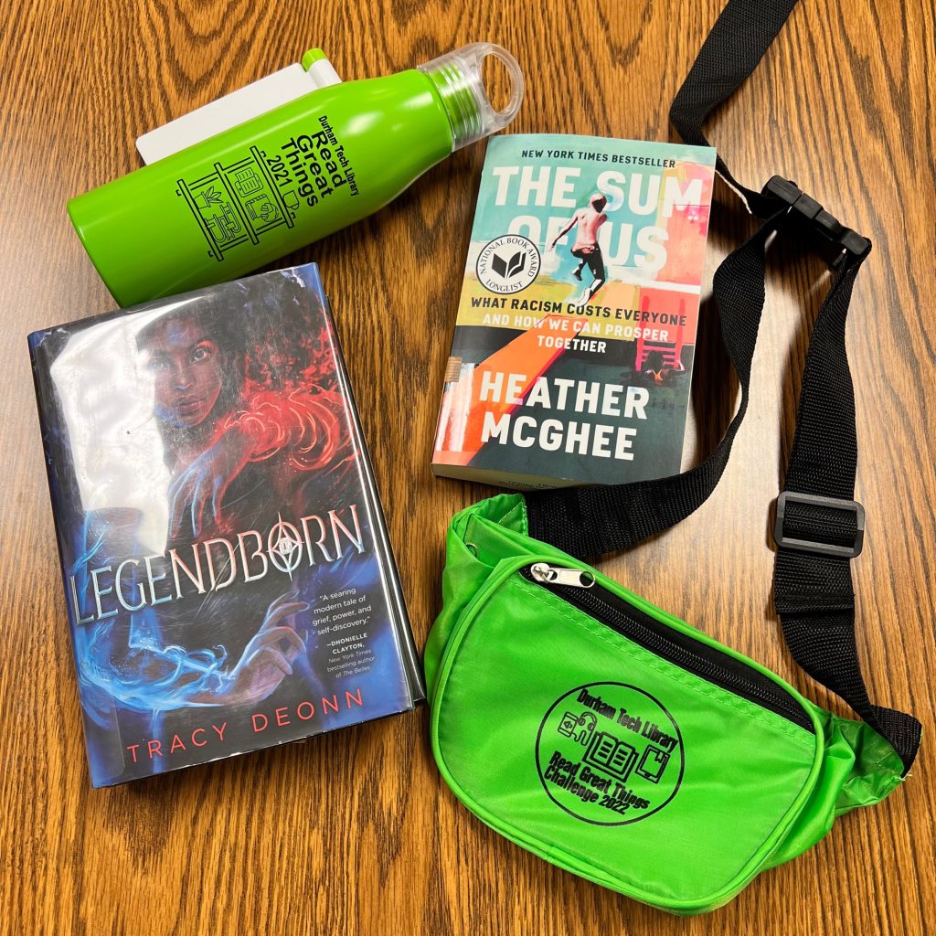 Some favorite books by Black American authors (Legendborn by Tracey Deonn and The Sum of Us by Heather McGhee) pictured with a Durham Tech Library water bottle and fanny pack, both in an excellent lime green, to illustrate the possible prizes people who fill out our form can win