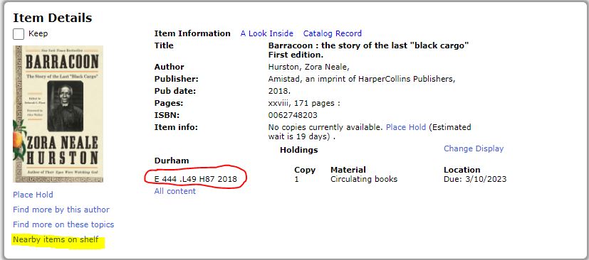 Barracoon record in Durham Tech Library catalog with call number circled and "Nearby items on shelf" highlighted