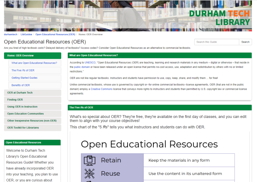 Durham Tech OER LibGuide featuring an overview, OER at Durham Tech, Finding/Using OER, Inexpensive resources, and OER Communities.