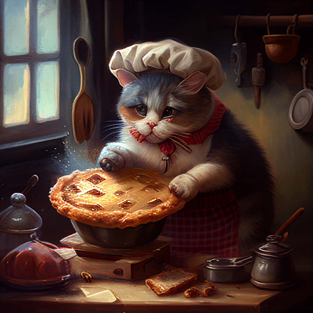 A computer illustrated, AI-generated cat "baking" a pie wearing a chef's hat with a floating wooden baking tool. 