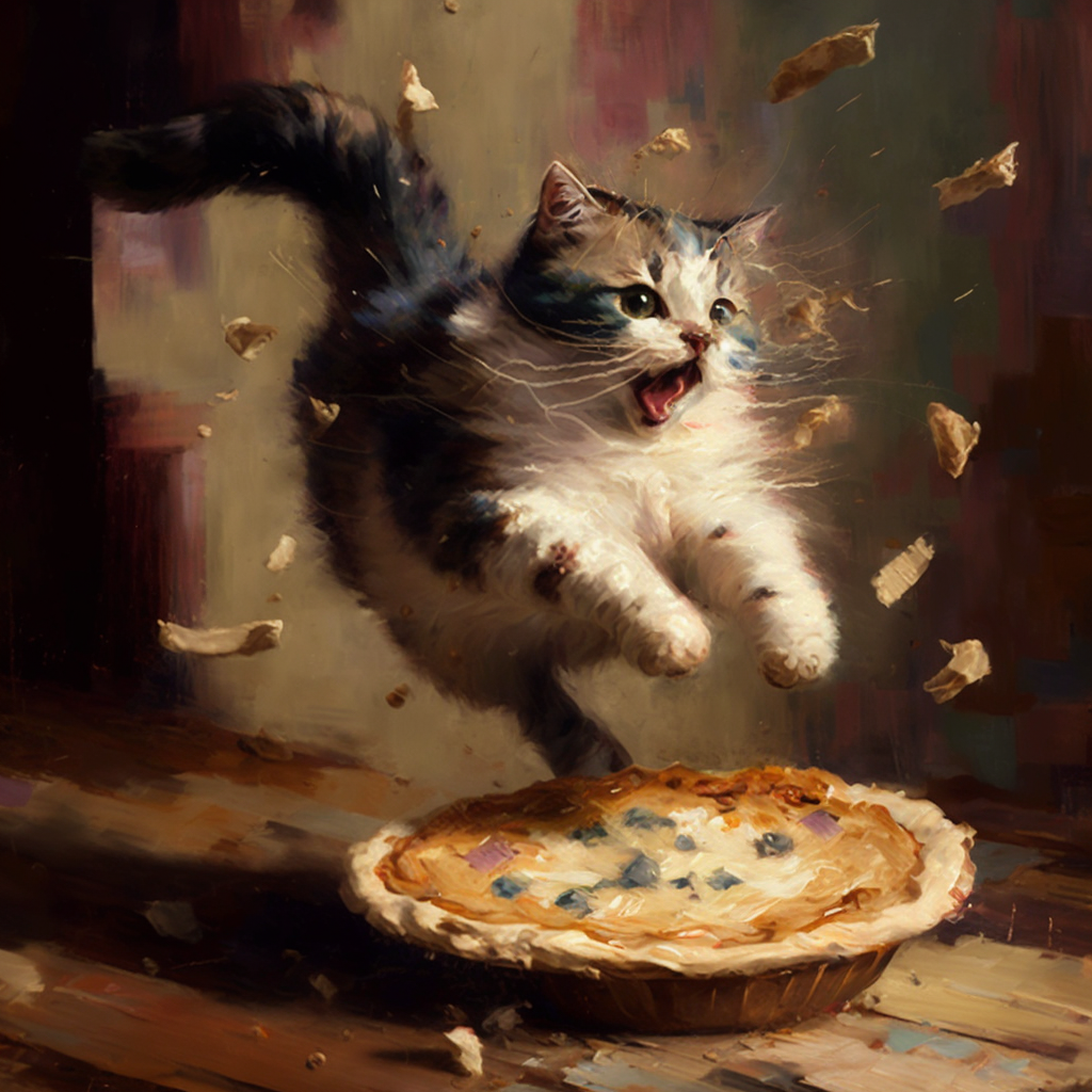 AI cat leaping into pie, dough bits flying, exuberant joy on the brown and white tabby's face