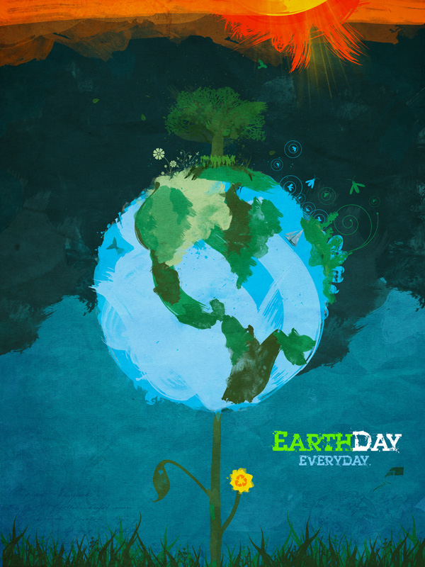 Earth Day everyday poster with image of planet Earth as plant-- a tree sprouts from the top